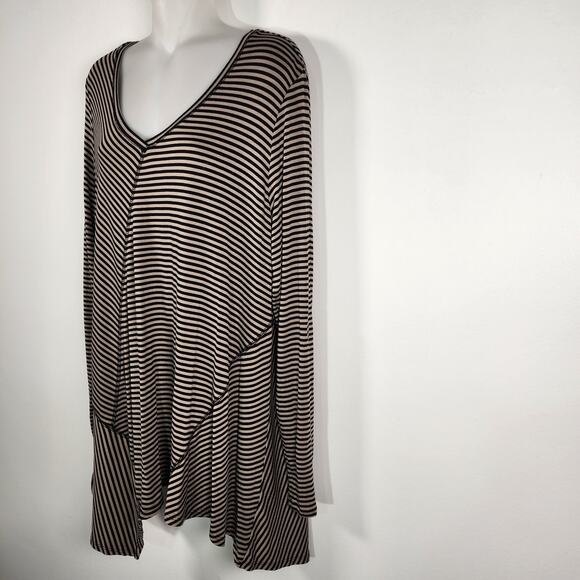LOGO by Lori Goldstein Womens Striped Knit V Neck Top Asymmetric Hem Large Black - Picture 5 of 9